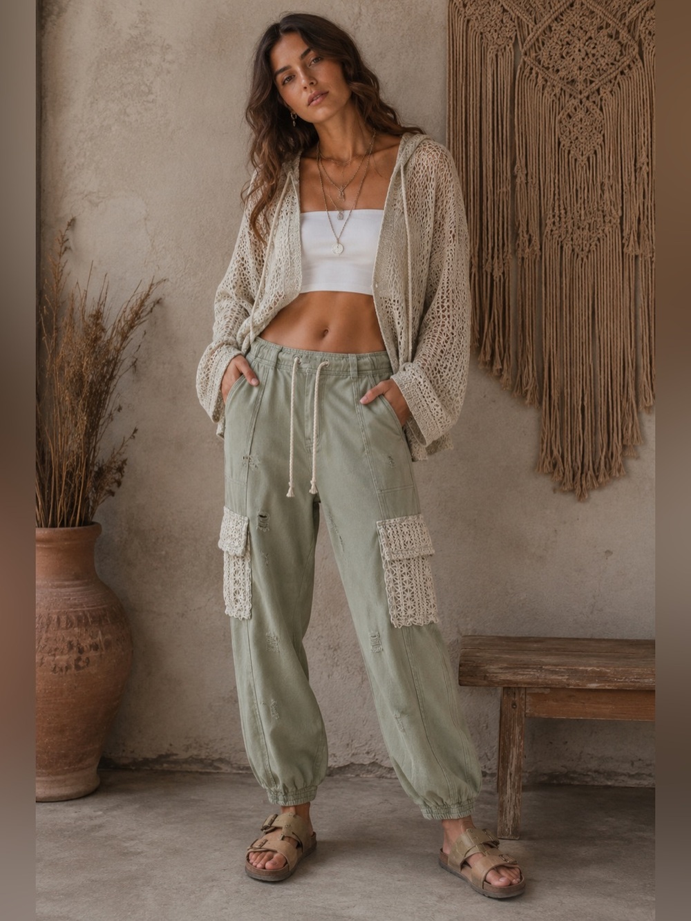 58🌟 POL Sage Green Crochet Cargo Jogger Pants | Distressed Boho Utility/NEW